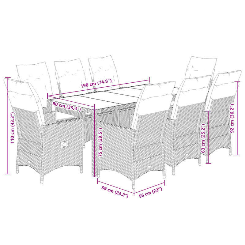 Set mobilier de grădină cu perne, 9 piese, maro, poliratan