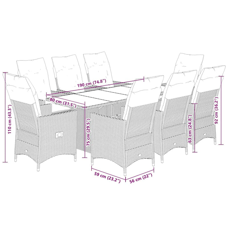 Set mobilier de grădină cu perne, 9 piese, maro, poliratan