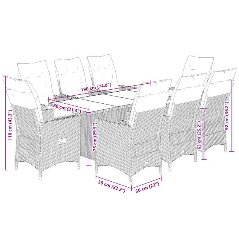 Set de masă pentru grădină, 9 piese, cu perne, bej, poliratan