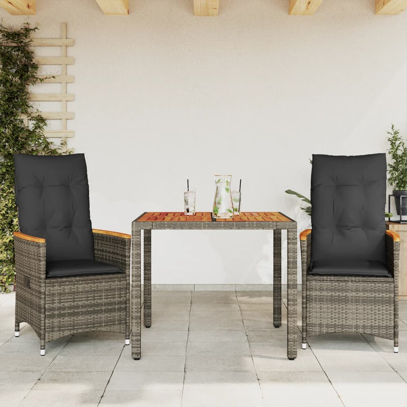 Set bistro de grădină cu perne, 3 piese, gri, poliratan