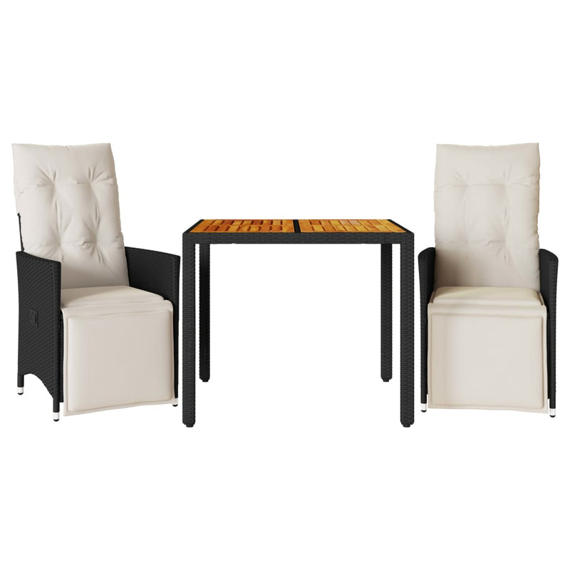 Set bistro cu perne, 3 piese, negru, poliratan