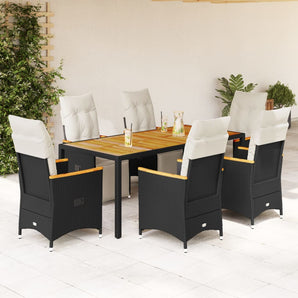 Set bistro de grădină, 7 piese, cu perne, negru, poliratan