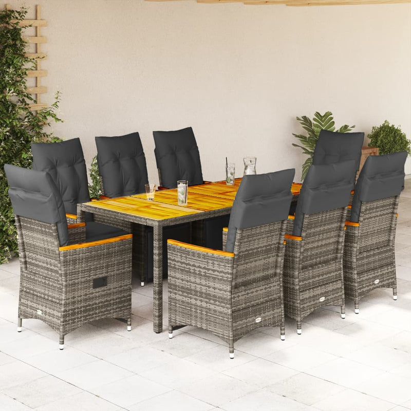 Set bistro de grădină cu perne, 9 piese, gri, poliratan