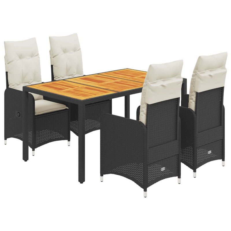 Set bistro de grădină cu perne, 5 piese, negru, poliratan