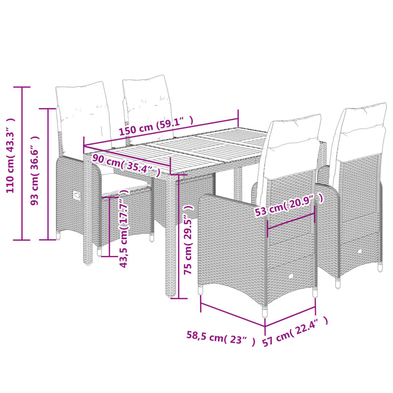 Set bistro de grădină cu perne, 5 piese, negru, poliratan