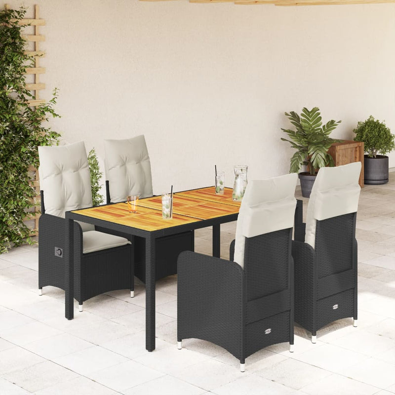 Set bistro de grădină cu perne, 5 piese, negru, poliratan