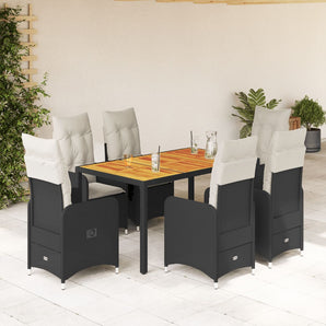 Set bistro de grădină, 7 piese, cu perne, negru, poliratan