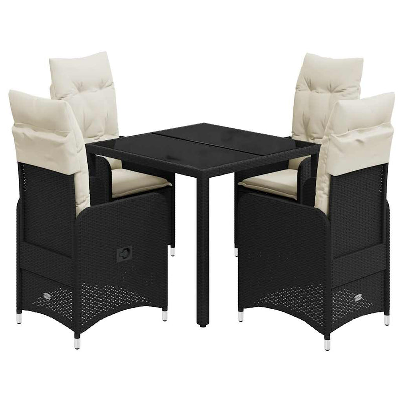 Set bistro de grădină cu perne, 5 piese, negru, poliratan