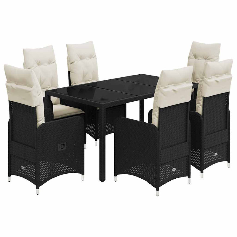 Set bistro de grădină, 7 piese, cu perne, negru, poliratan