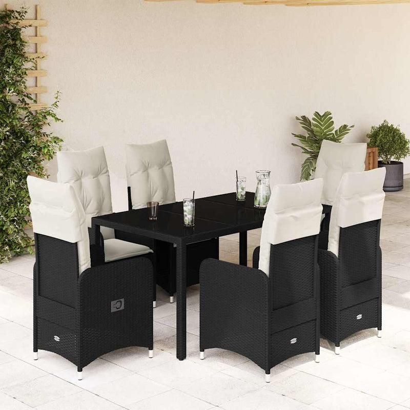 Set bistro de grădină, 7 piese, cu perne, negru, poliratan