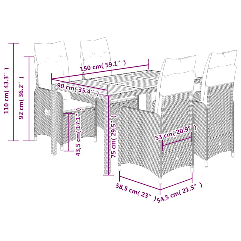 Set bistro de grădină cu perne, 5 piese, gri, poliratan