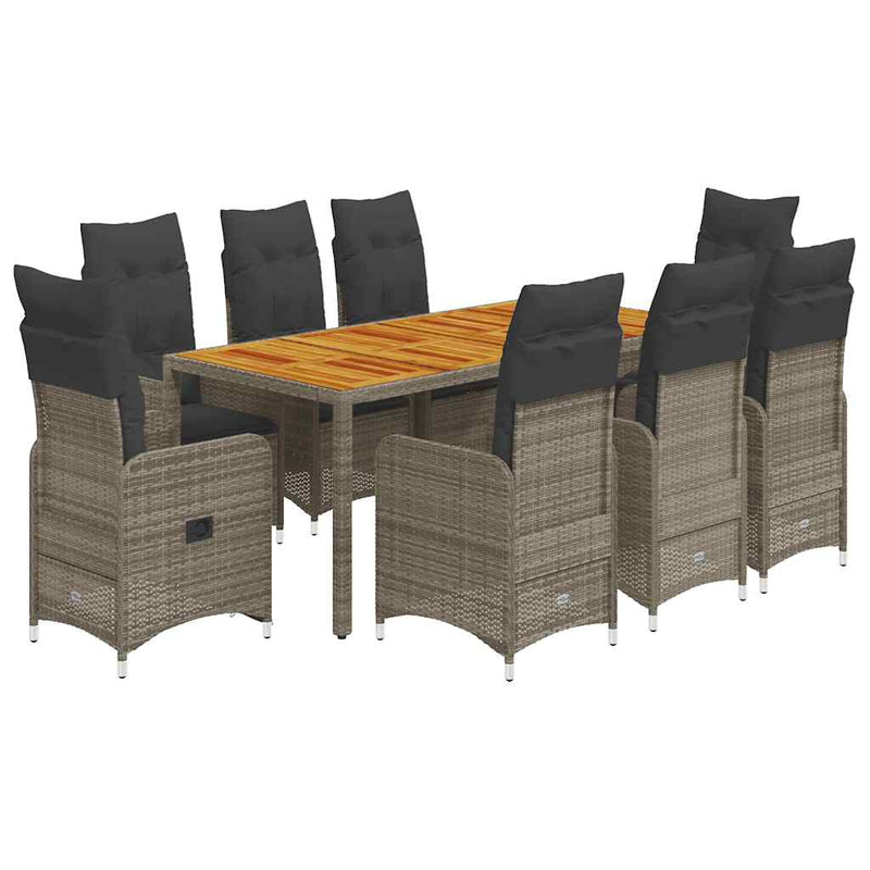 Set bistro de grădină cu perne, 9 piese, gri, poliratan