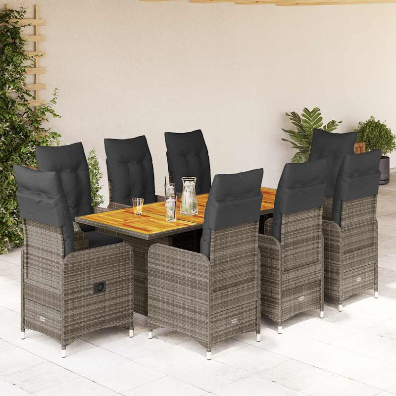 Set bistro de grădină cu perne, 9 piese, gri, poliratan
