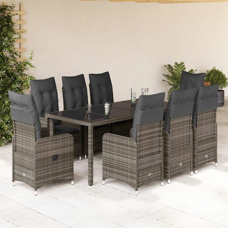 Set bistro de grădină cu perne, 9 piese, gri, poliratan