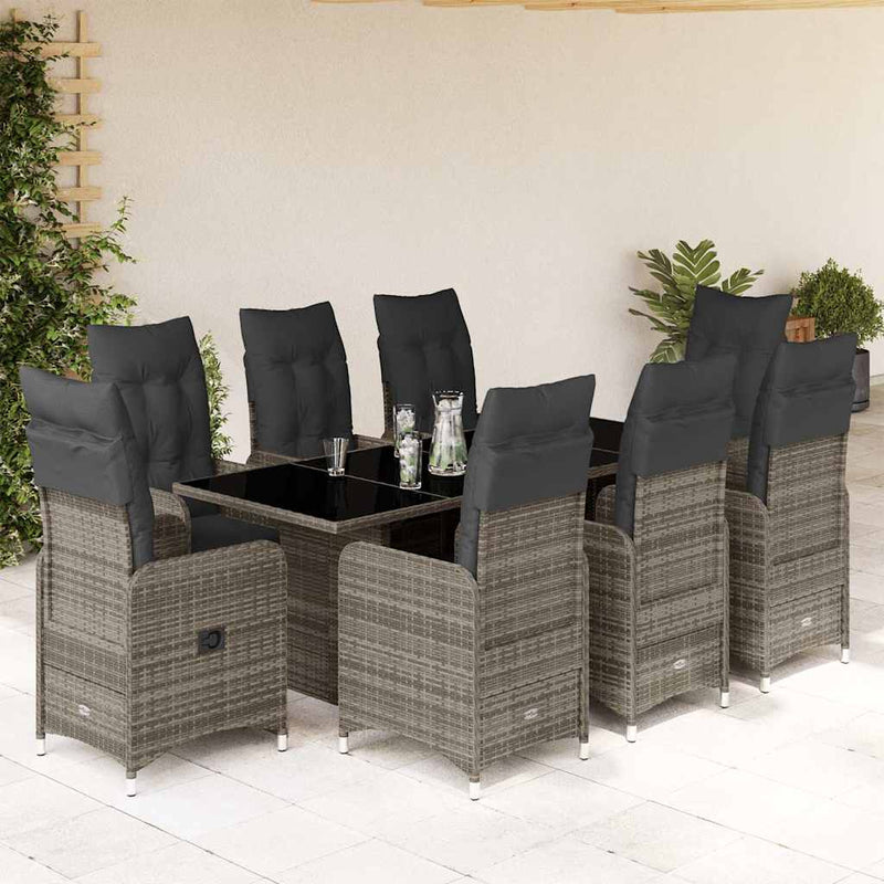 Set bistro de grădină cu perne, 9 piese, gri, poliratan