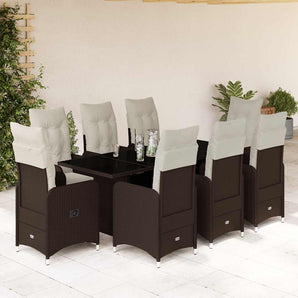 Set bistro de grădină cu perne, 9 piese, maro, poliratan