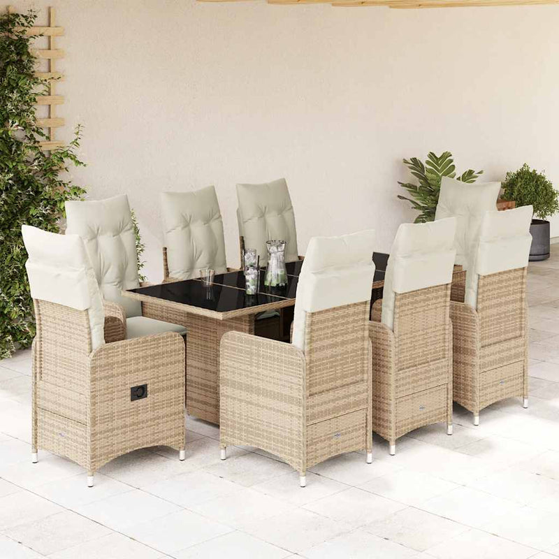 Set bistro de grădină, 9 piese, cu perne, bej, poliratan