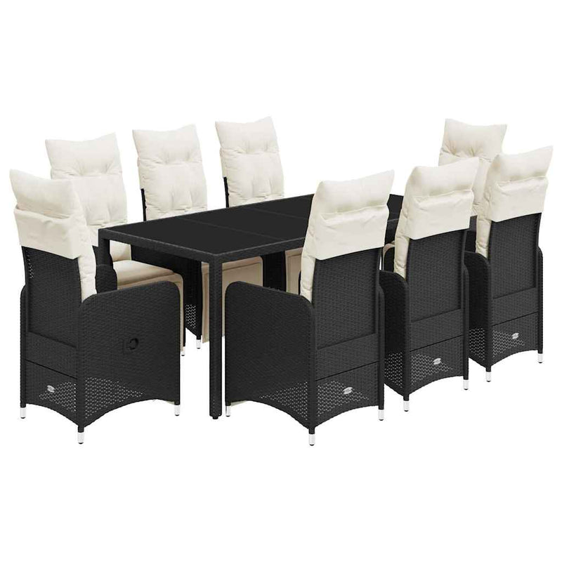 Set bistro de grădină, 9 piese, cu perne, negru, poliratan