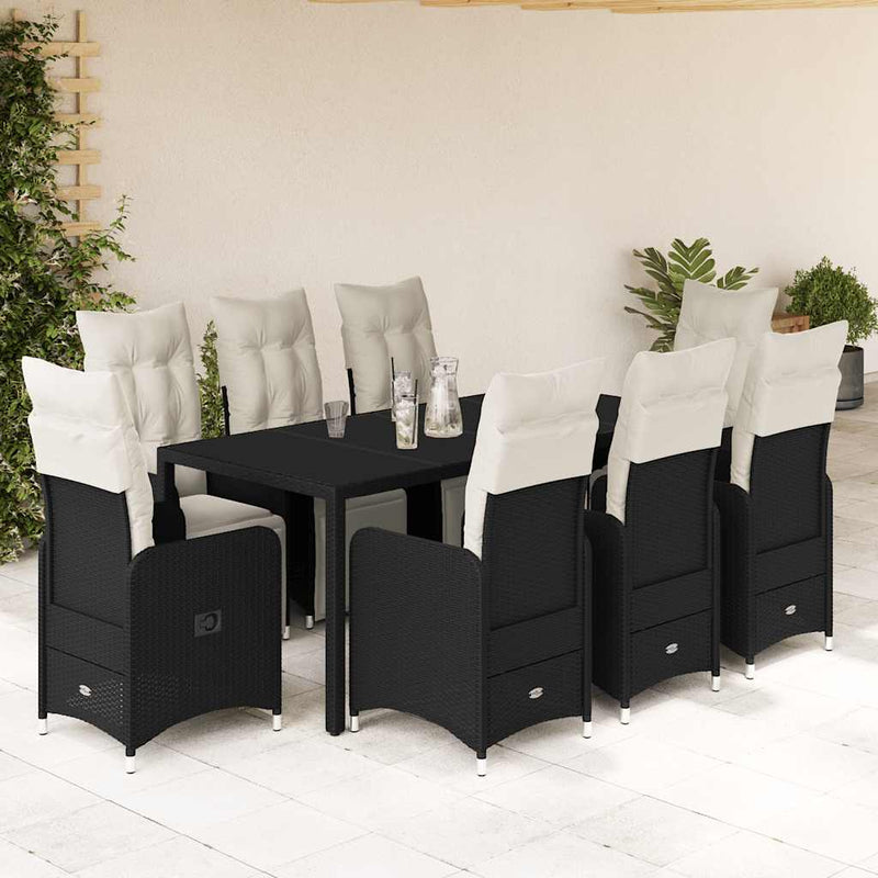 Set bistro de grădină, 9 piese, cu perne, negru, poliratan