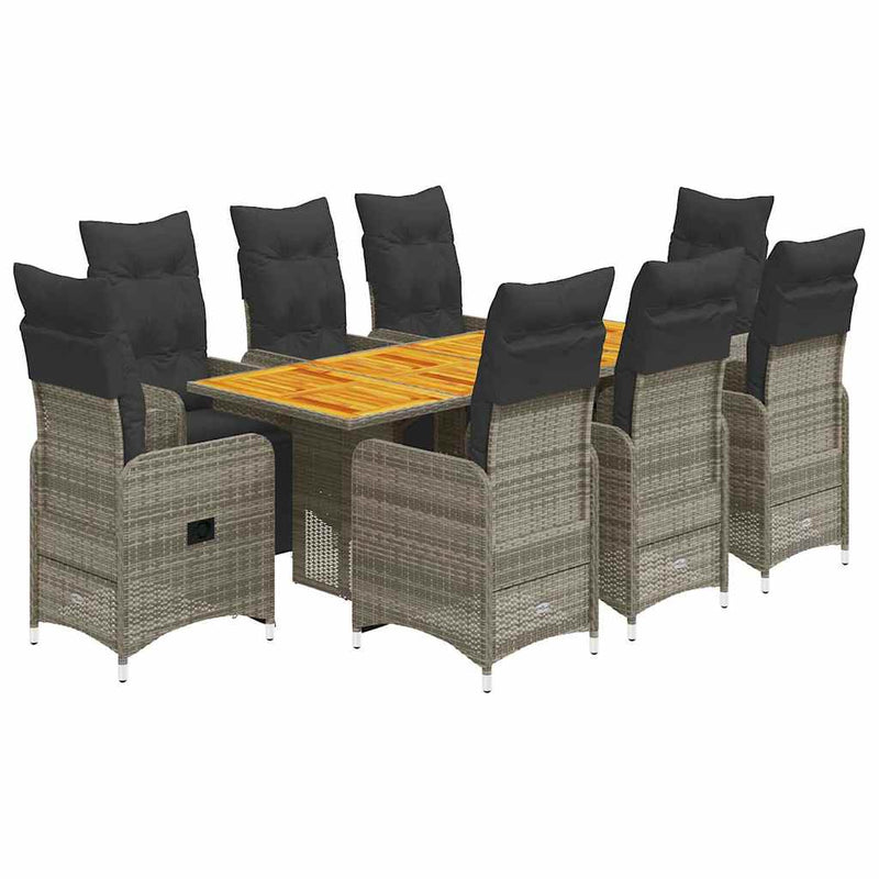 Set bistro de grădină cu perne, 9 piese, gri, poliratan