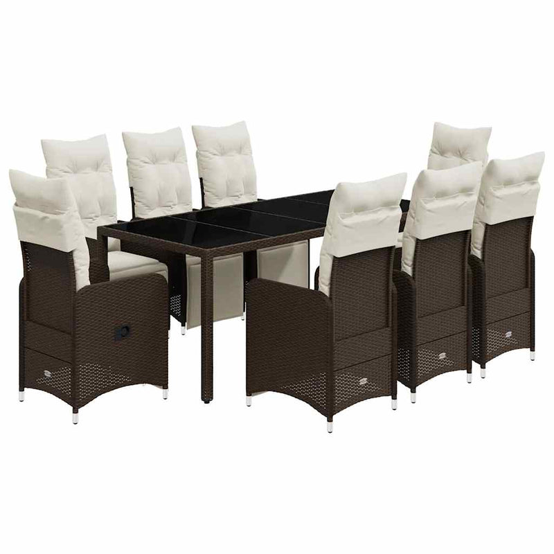 Set bistro de grădină cu perne, 9 piese, maro, poliratan