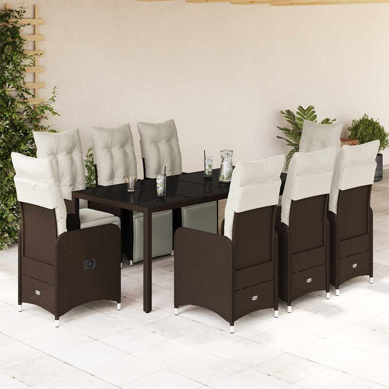 Set bistro de grădină cu perne, 9 piese, maro, poliratan