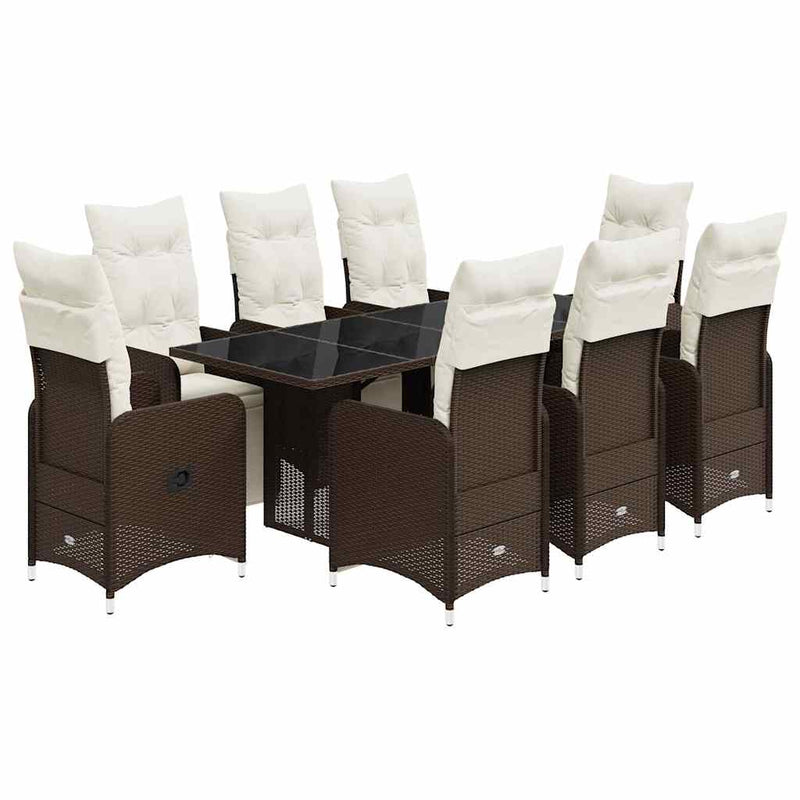 Set bistro de grădină cu perne, 9 piese, maro, poliratan