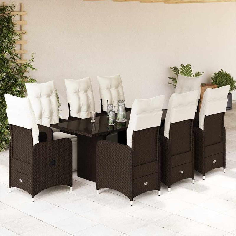 Set bistro de grădină cu perne, 9 piese, maro, poliratan