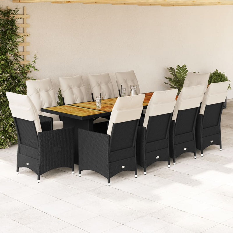 Set bistro de grădină, 11 piese, cu perne, negru, poliratan