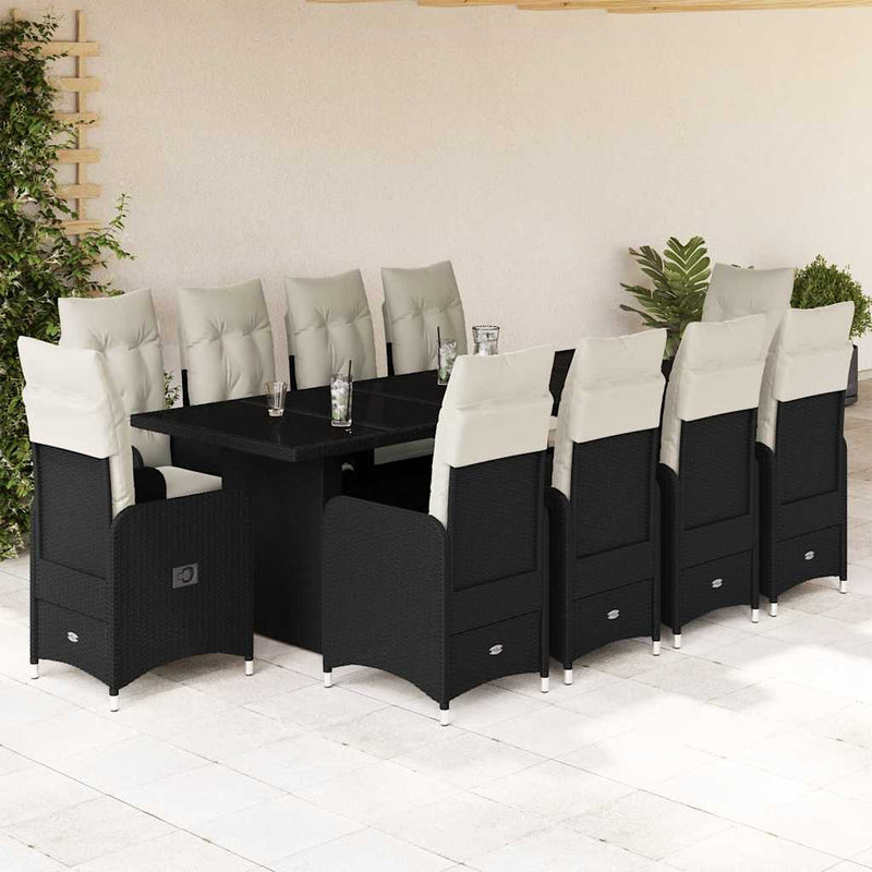 Set bistro de grădină, 11 piese, cu perne, negru, poliratan