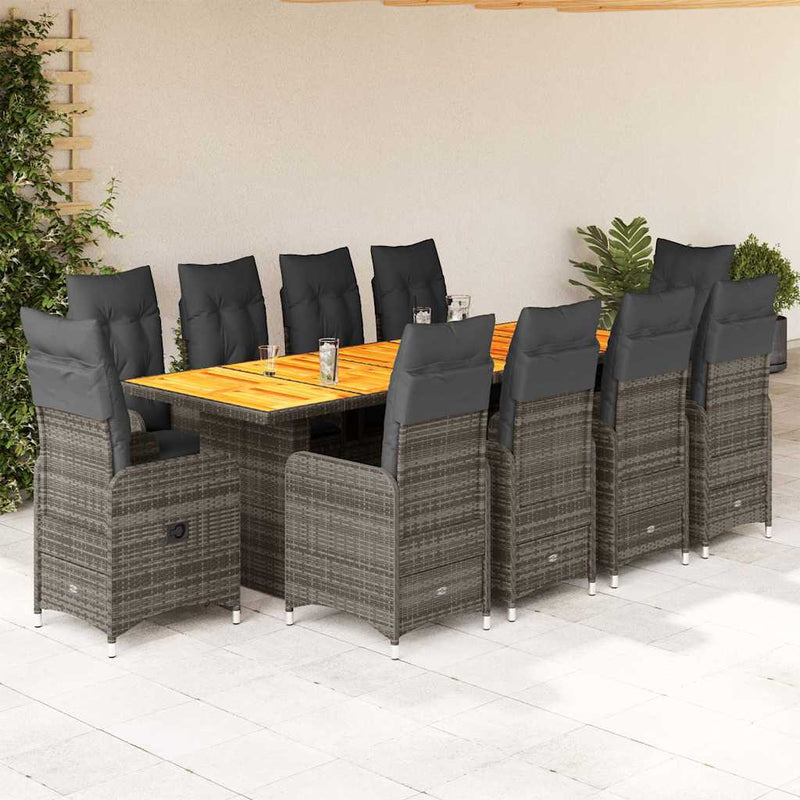 Set bistro de grădină cu perne, 11 piese, gri, poliratan