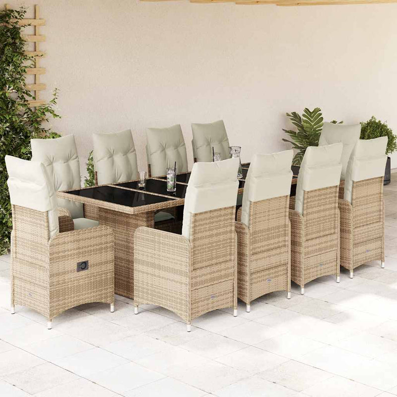 Set bistro de grădină, 11 piese, cu perne, bej, poliratan
