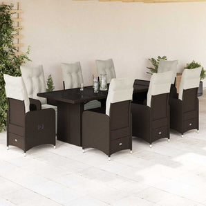 Set bistro de grădină cu perne, 9 piese, maro, poliratan