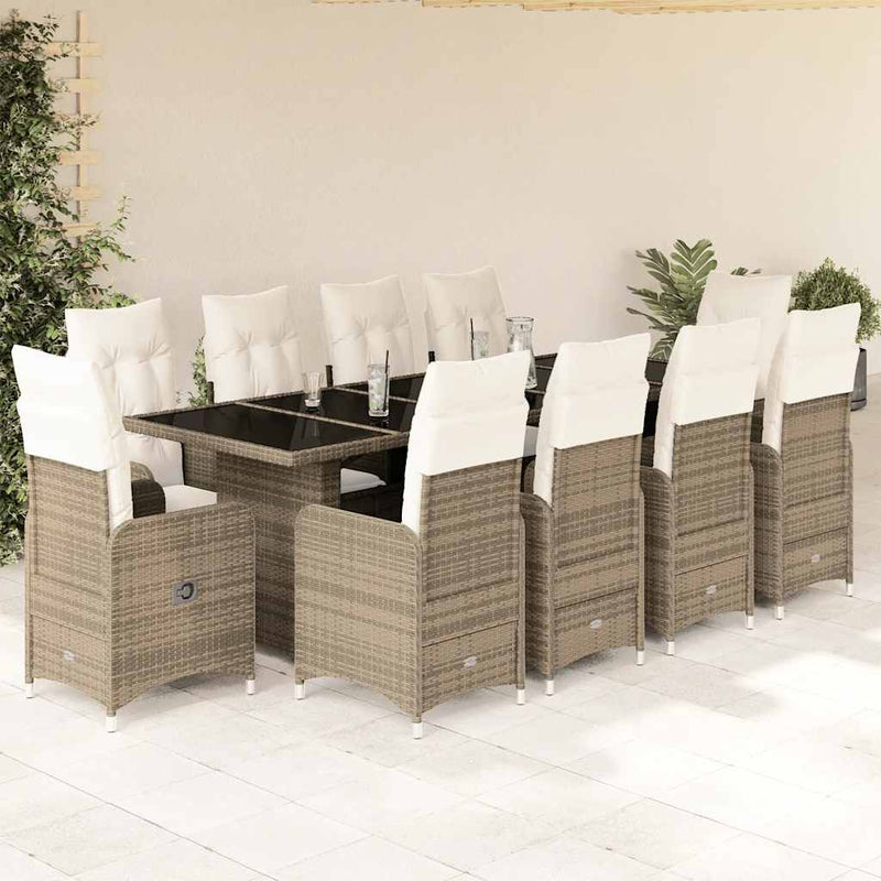 Set bistro de grădină, 11 piese, cu perne, bej, poliratan