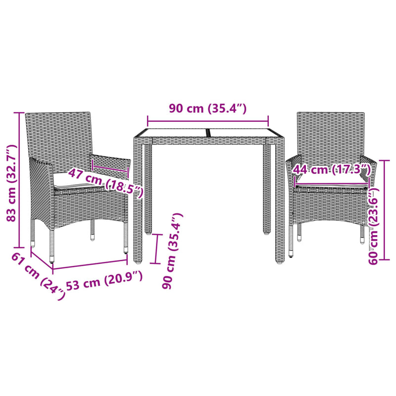 Set mobilier de grădină cu perne 3 piese negru poliratan&sticlă