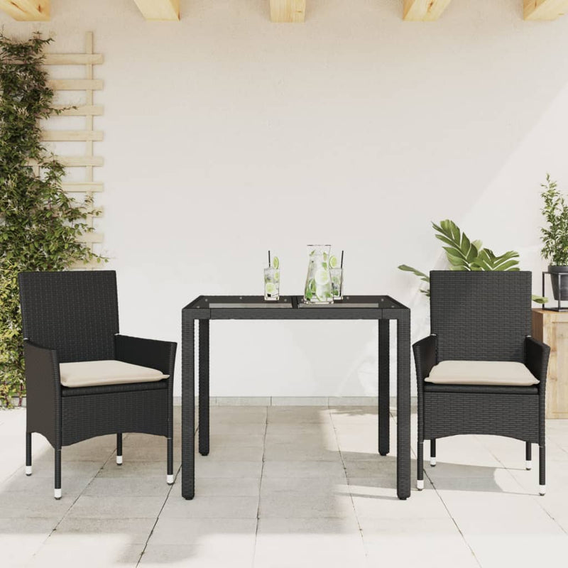 Set mobilier de grădină cu perne 3 piese negru poliratan&sticlă