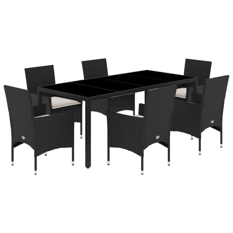 Set mobilier de grădină cu perne 7 piese negru poliratan&sticlă