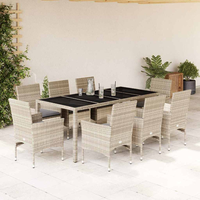 Set mobilier de grădină cu perne 9 piese gri poliratan & sticlă