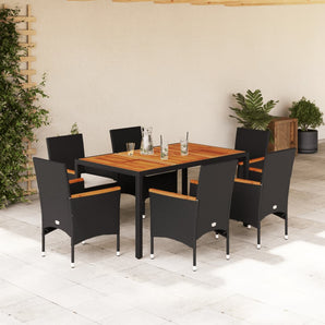 Set mobilier grădină perne 7 piese negru poliratan/lemn acacia