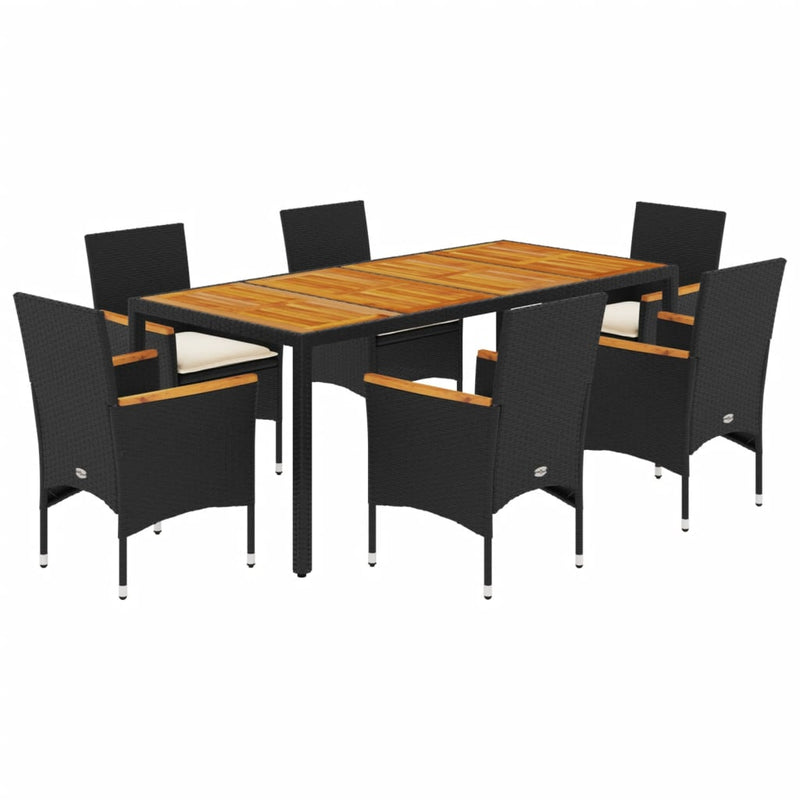 Set mobilier grădină perne 7 piese negru poliratan/lemn acacia