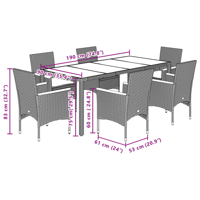 Set mobilier grădină perne 7 piese negru poliratan/lemn acacia