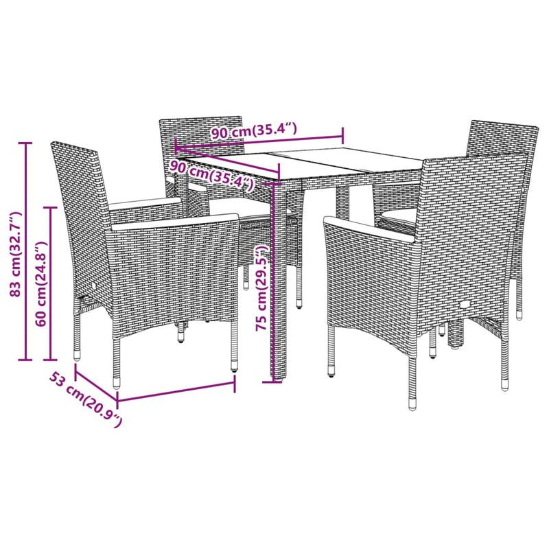 Set mobilier de grădină cu perne 5 piese negru poliratan&sticlă