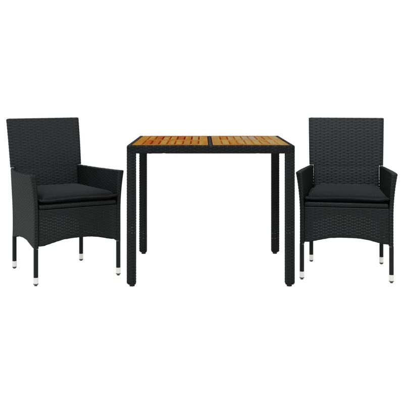 Set mobilier grădină perne 3 piese negru poliratan/lemn acacia