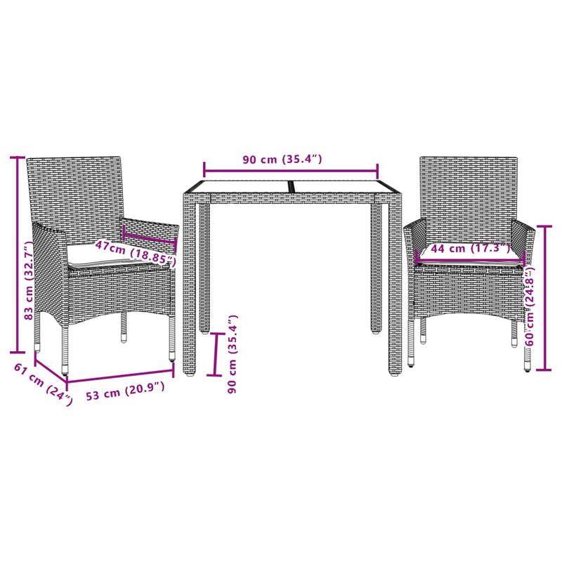 Set mobilier grădină perne 3 piese negru poliratan/lemn acacia