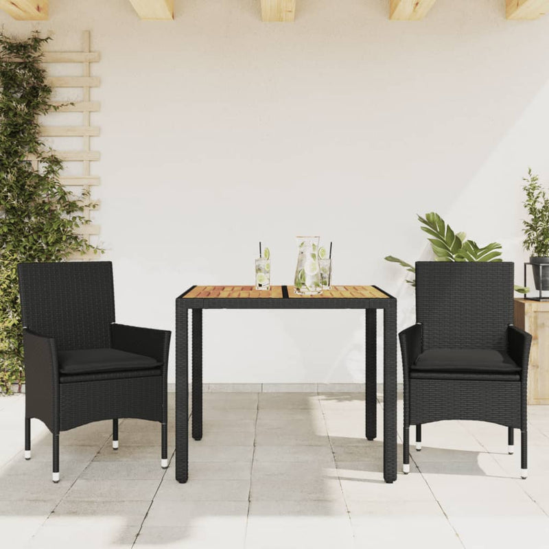 Set mobilier grădină perne 3 piese negru poliratan/lemn acacia