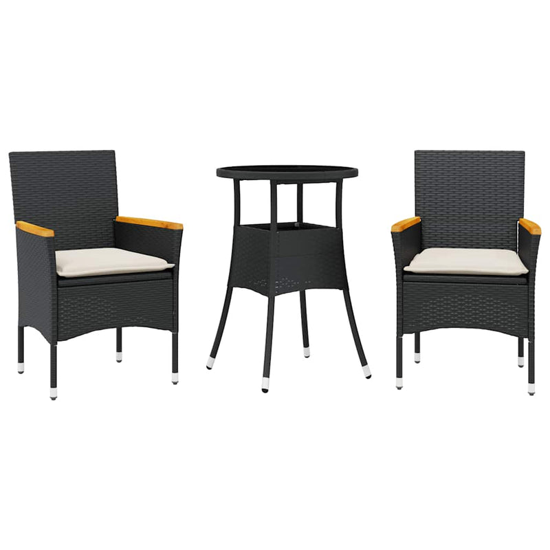 Set mobilier de grădină cu perne 3 piese negru poliratan&sticlă