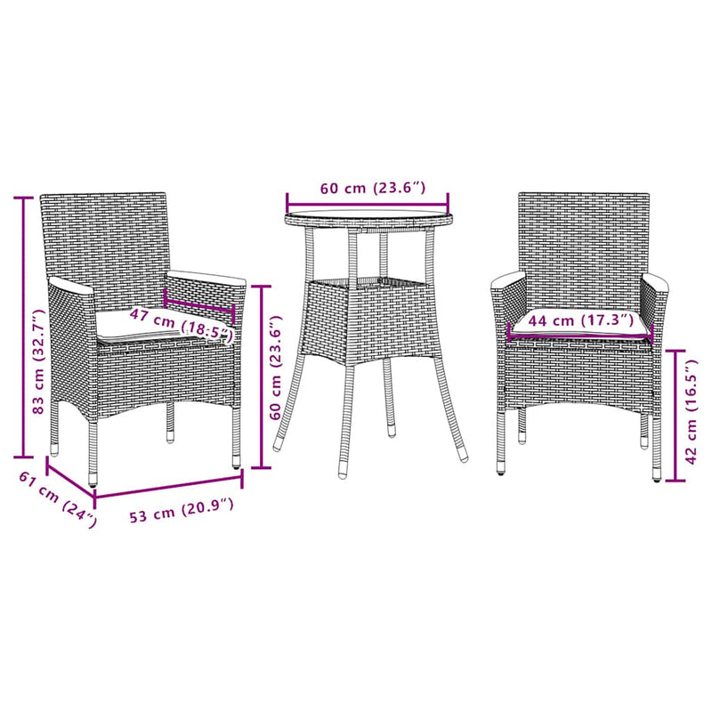 Set mobilier de grădină cu perne 3 piese negru poliratan&sticlă