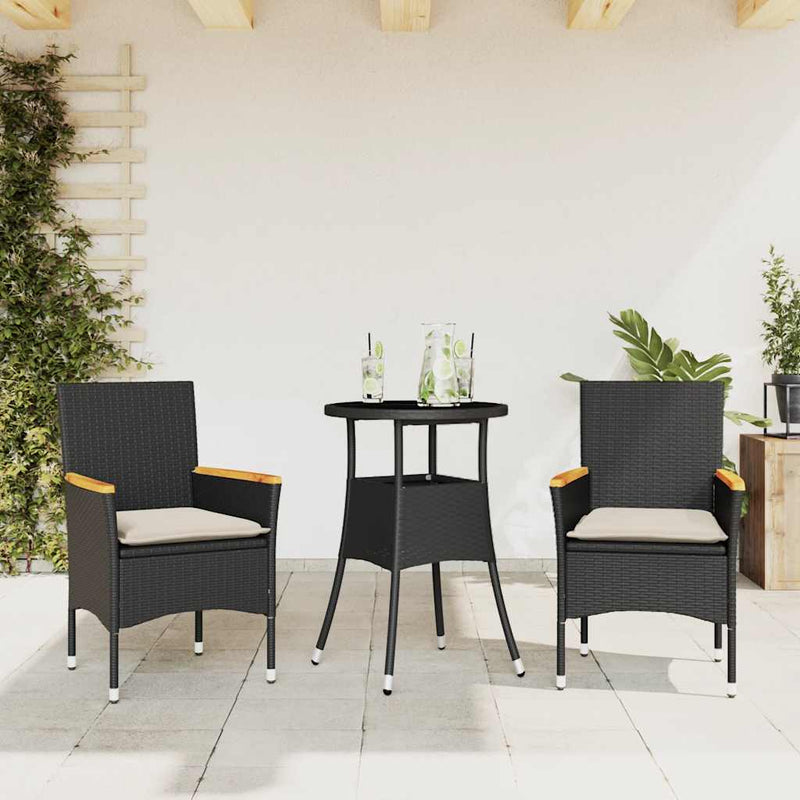 Set mobilier de grădină cu perne 3 piese negru poliratan&sticlă