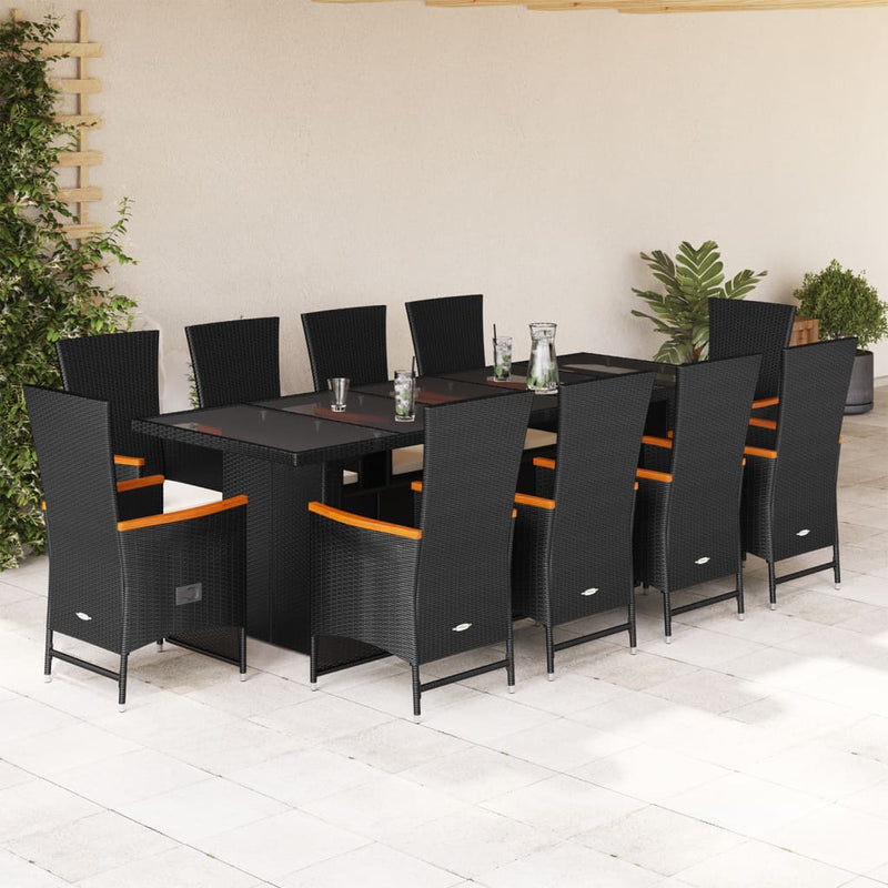 Set mobilier de exterior cu perne, 11 piese, negru, poliratan