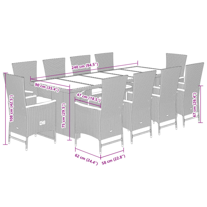 Set mobilier de grădină cu perne, 11 piese, gri, poliratan